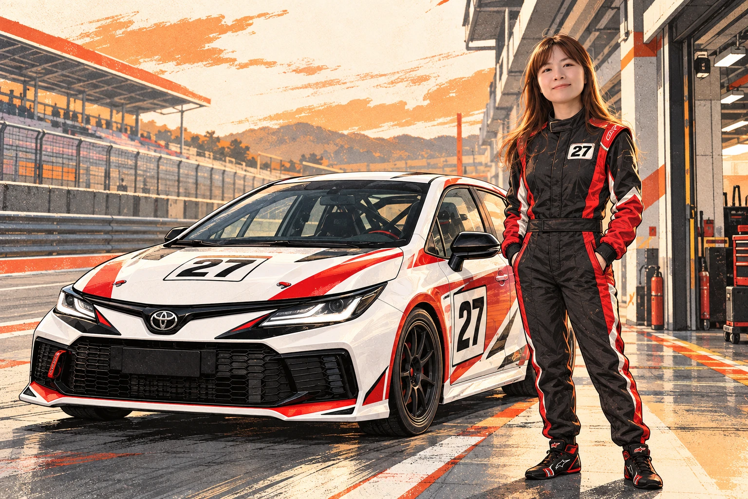 黃翊雅穿著賽車服，站在 27 號 Corolla Cup 賽車旁的橘色調插畫